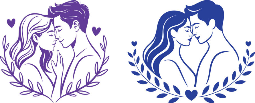 Couple embracing with hearts and laurel wreaths couple goals line art together embracing illustration relationship affection intimacy