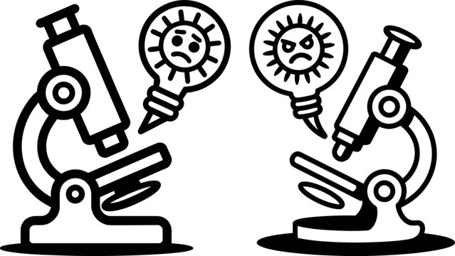 Two microscopes with unhappy lightbulb ideas line art microscope research laboratory experiment discovery lightbulb negative challenge