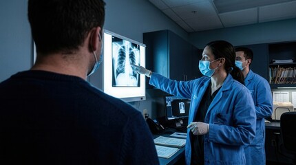 Fototapeta premium Medical Professionals Discussing X-Ray Results In Modern Examination Room