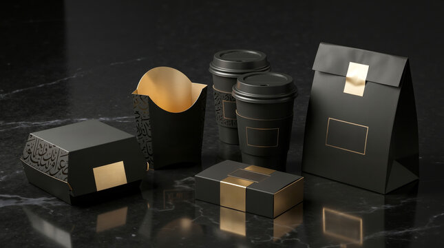 A set of black and gold boxes and cups on a table