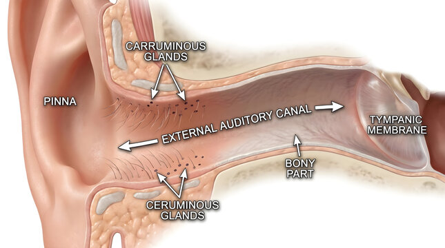Anatomical diagram illustrating the structure and components of the human ear, including the pinna and auditory canal