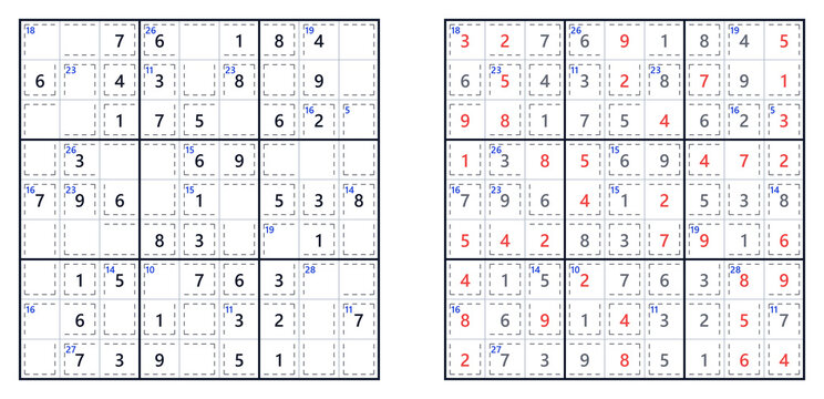 Killer Sudoku puzzle with answers displayed in red and blue, featuring a medium difficulty level, arranged in a 9x9 grid format on a white background