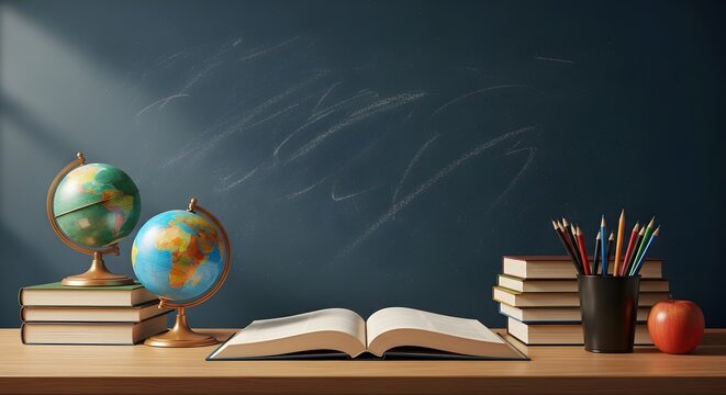 School supplies still life with globes books and open textbook on desk