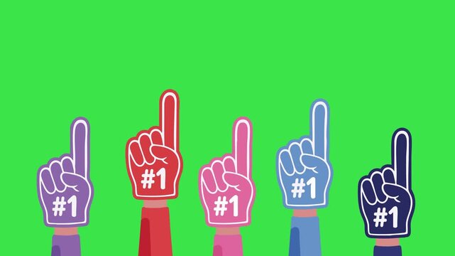 Foam hands animation. Fan foam fingers pointing up. 4k green skin video.