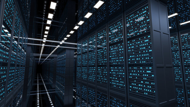 Data center server room interior with neon light blue lights, glossy black floor and ceiling. 3d illustration