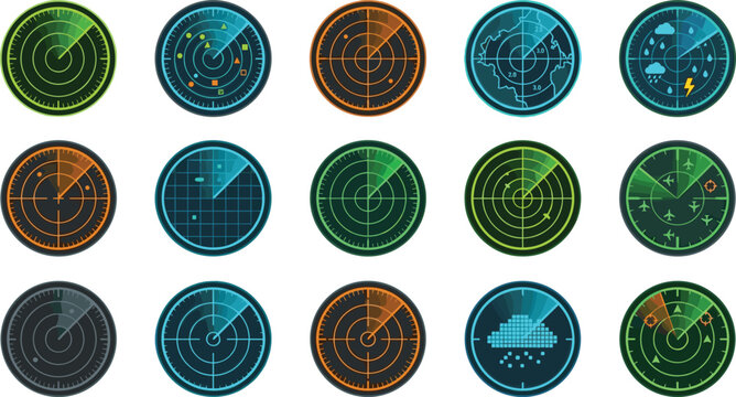 Futuristic Radar and Sonar Screen Vector Icon Set Featuring Navigation Blips Weather Tracking Grid Coordinates and Military Aviation Target Detection Graphics