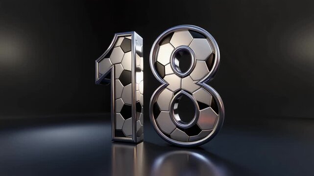Elegant digit 18 inspired by football soccer game aesthetics, featuring premium metal shine light animation