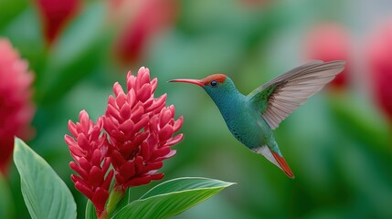 Fototapeta premium Vibrant Hummingbird Feeding on Exotic Flower