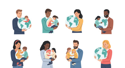 Fototapeta premium Diverse parents holding babies with globe illustration on family concept isolated on white background