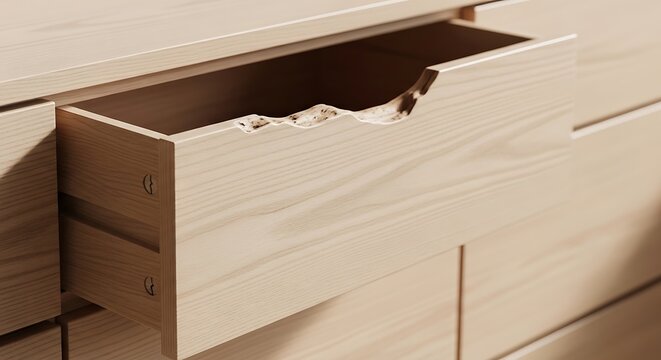 Wooden drawer partially open empty interior.