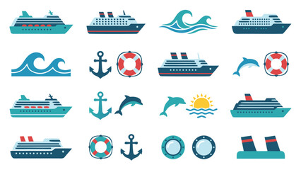 Naklejka premium Comprehensive Flat Vector Icon Collection of Cruise Ships, Sea Waves, Anchors, Lifebuoys, and Dolphins. Nautical Maritime Elements for Travel, Vacation, and Marine Transport on White Background.