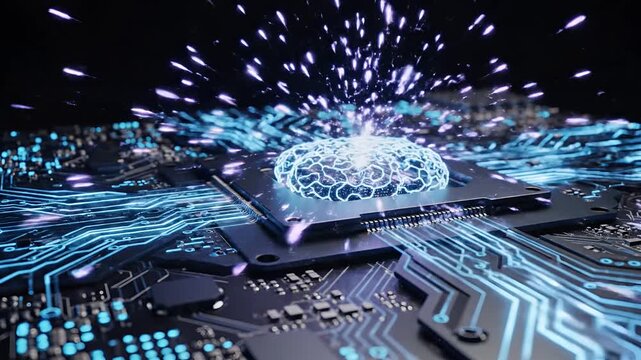 Futuristic AI Brain on Computer Chip with Glowing Blue Circuits.