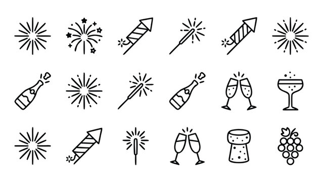 Vector Icon Set of New Year's Eve Fireworks and Champagne in Minimalist Line Art Style. Includes Rockets, Sparklers, Popping Bottles, Clinking Glasses, Grapes, and Corks for Party Celebrations.