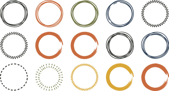 Hand Drawn Circle Vector Frame Set Featuring Scribble Doodle Brush Strokes Dashed and Starburst Round Borders for Text Highlighting and Minimalist Graphic Designs