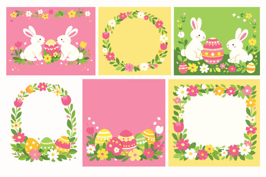 Set of Easter Greeting Card Templates with Cute Bunnies, Decorative Eggs, and Floral Wreaths in Vibrant Pink, Yellow, and Green Colors. Spring Holiday Backgrounds for Invitations and Social Media.
