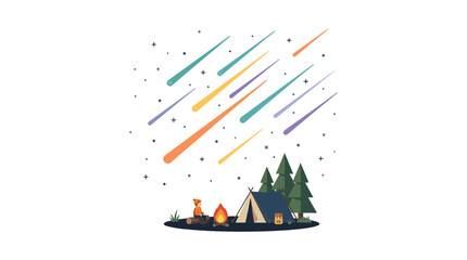Obraz premium Camping scene under a meteor shower in the night sky.