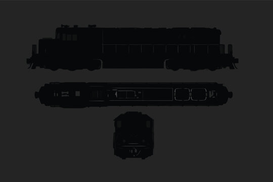 Isolated Diesel Cargo Train Silhouette Set with Side, Top, and Front Views. Black Locomotive Blueprint Shape for Railway Delivery, Logistics, and Transportation Industry Vector Illustration.
