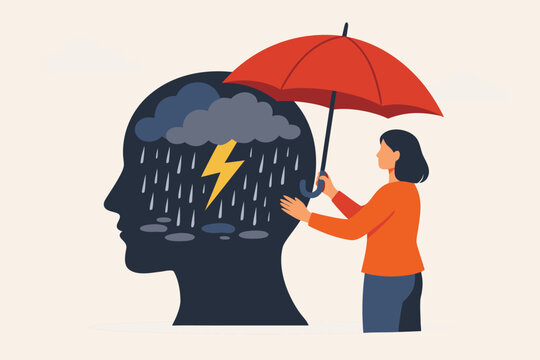 Mental Health Support Concept with Woman Holding Red Umbrella Over Dark Human Head Silhouette with Storm Cloud and Lightning Inside Representing Depression, Empathy, Therapy, and Emotional Care