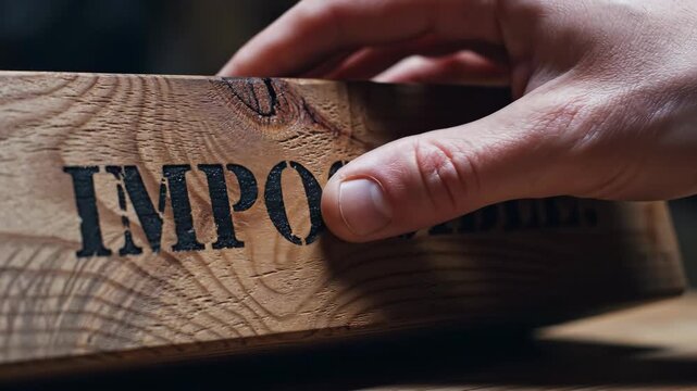 Hand sliding wooden block with word impossible. Perfect for themes of innovation, breakthrough ideas, leadership, and creative thinking
