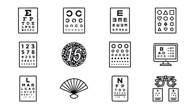 Professional ophthalmology and optometry eye test chart icon set featuring Snellen charts, vision examination tools, and diagnostic symbols in a precise black line art style for clinics.