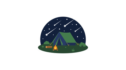 Flat design illustration of a camping tent under a starry night sky with shooting stars and a campfire. © Abdul Handi