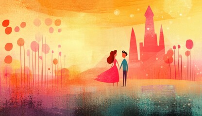 Fototapeta premium Couple holds hands in front of a castle during sunset in a colorful landscape