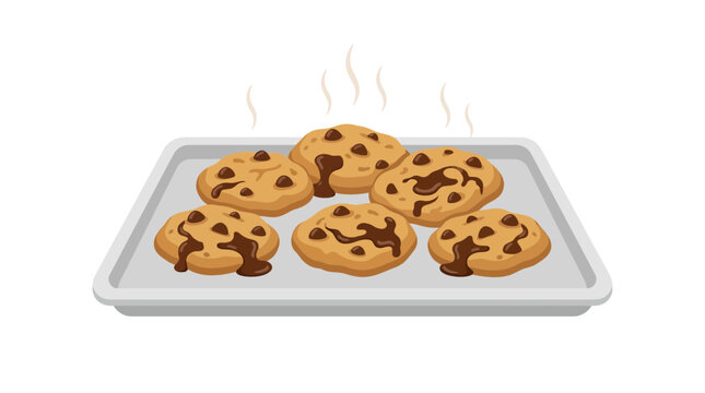 Freshly baked chocolate chip cookies on a baking sheet.