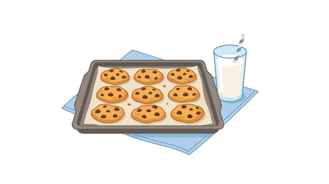 Freshly baked chocolate chip cookies on a baking sheet with a glass of milk.