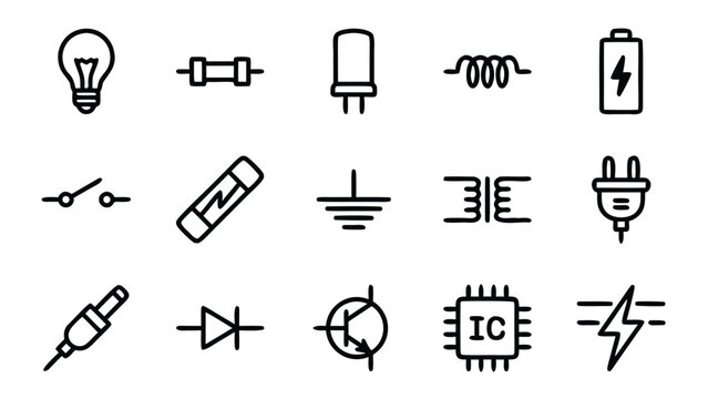 Comprehensive Set of 15 Electricity and Circuit Line Icons Featuring Minimalist Vector Style, Uniform Stroke Width, Organized Grid Layout, and Isolated Components for Engineering Design.