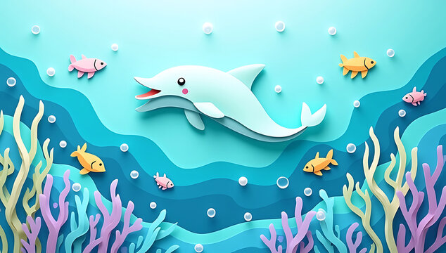 Paper Cut Dolphin Underwater Scene