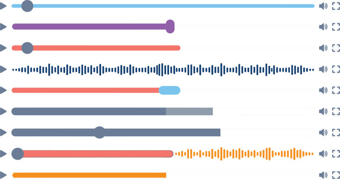 Minimalist Audio and Video Progress Bar Vector Icon Set Featuring Media Timelines Sound Waveforms Play Buttons and Volume Sliders for Modern UI UX Interface Designs