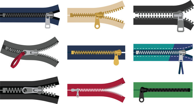 Metallic and Plastic Zipper Vector Icon Set Featuring Open Closed and Curved Fasteners for Tailoring Garment Manufacturing Clothing Design and Textile Industry Graphics