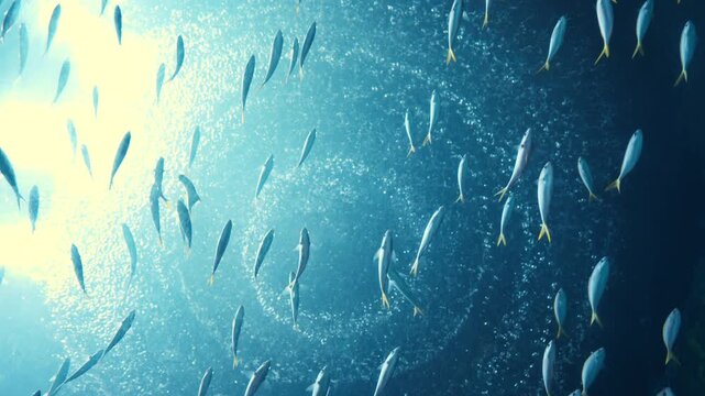 Large school of small fish swimming together in clear blue ocean water with sunlight rays and air bubbles. Beautiful underwater nature background for marine life, ecology, environmental