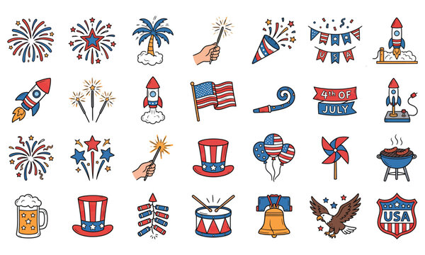 Fourth of july patriotic icons collection with fireworks and american symbols
