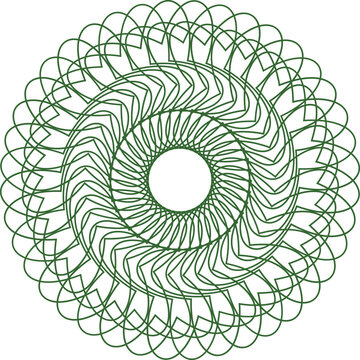 An elaborate green geometric rosette pattern exhibits intricate lacework and a strong sense of rotational symmetry.