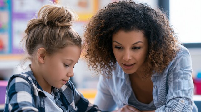 Candid medium shot of a young Latina teacher guiding a focused student through cognitive reframing techniques with a minimalist worry visual aid bathed in natural light amid