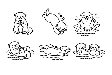 Fototapeta premium Vector Line Art Otter Icon Set Featuring Six Playful Poses: Cute Otter Holding a Shell, Diving Underwater with Bubbles, Splashing in Waves, Floating on Back, and a Sweet Pair Holding Hands Together.