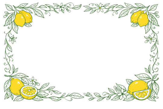 Italian Lemon Frame with Citrus Illustration, Mediterranean Doodle Green Ink Sketch Border with Yellow Lemons, Botanical Hand Drawn Floral Frame for Summer Wedding Invitations and Menu Design.
