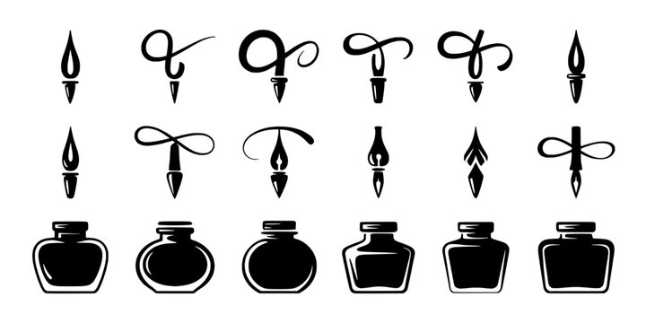 Bottle and candle icon set with drips, flames, wicks, and ornate caps for Halloween magic and witchcraft themes