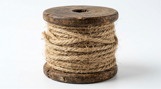Rustic Jute Twine Roll on Wooden Spool Isolated on White Background