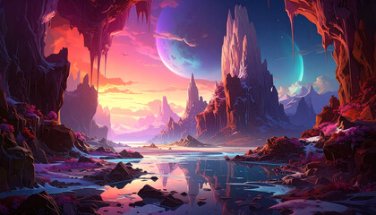 Fantasy landscape with mountains and planets