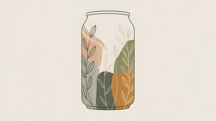 Obraz premium Abstract illustration of a soda can with organic shapes and botanical leaf elements in muted earth tones.