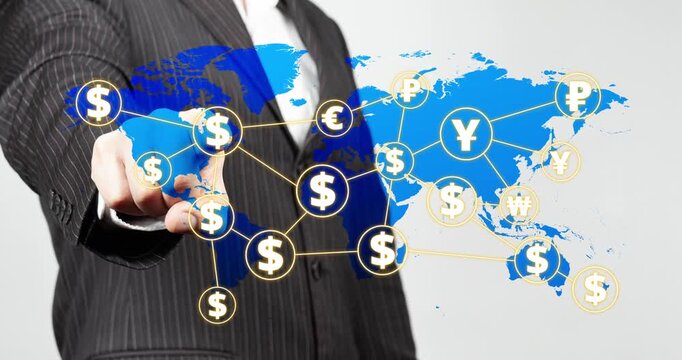 Beautiful motion graphics of a businessman touching a world map animation of a currency symbols of the world