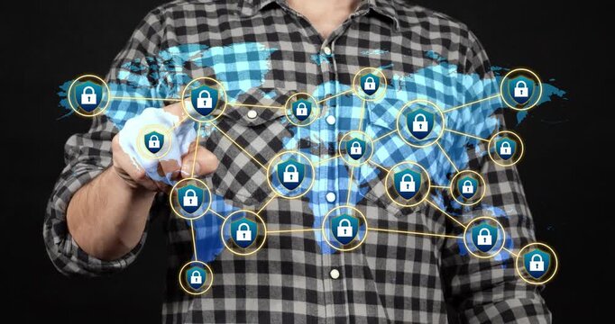 Motion graphics of a modern businessman touching a digital blue world map on a cyber security concept