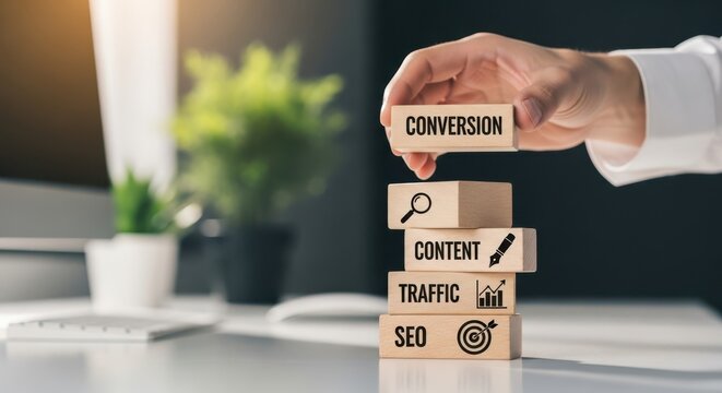 A persons hand stacking wooden blocks with seo, traffic, content, and conversion words on a desk in office