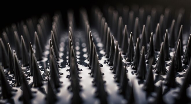Close-up of sharp, metallic spikes arranged in a uniform pattern, creating a textured and abstract background.