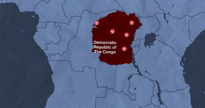 A motion graphic animation of the democratic republic of the congo with the ebola disease outbreak and a biohazard logos into a dark blue politic map