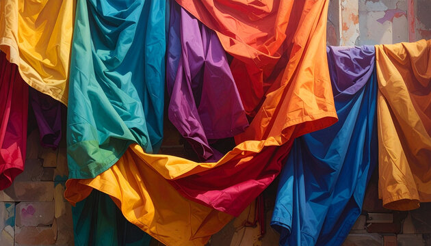 Kain warna-warni tergantung di dinding bata
