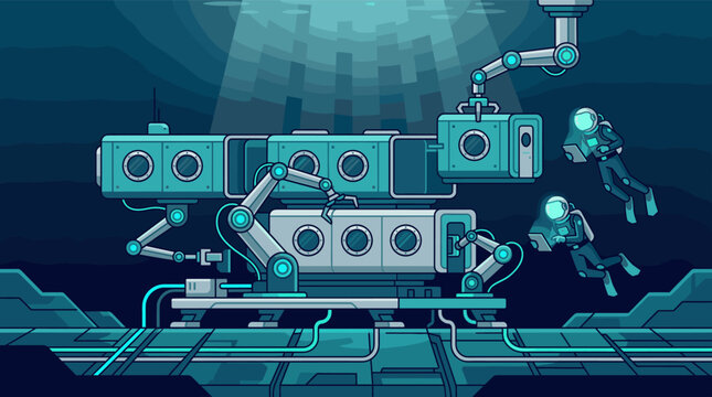 Futuristic deep-sea research station with robotic arms and divers exploring. Modern technology and science discovery. Great for tech, environment, or gaming concepts.