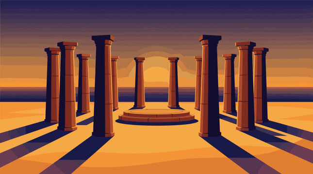 Flat vector art of ancient pillars surrounding a platform in an arid landscape at sunset. Evokes mystery, history, and a grand scale. Ideal for digital projects.